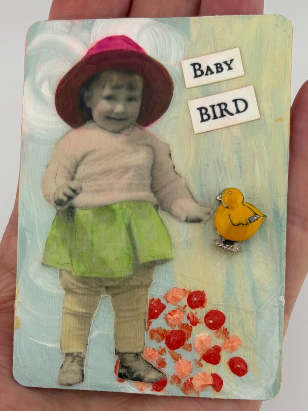 Mixed Media ACEO Baby Bird Art Card From Vintage Photo Baby Girl In Hat